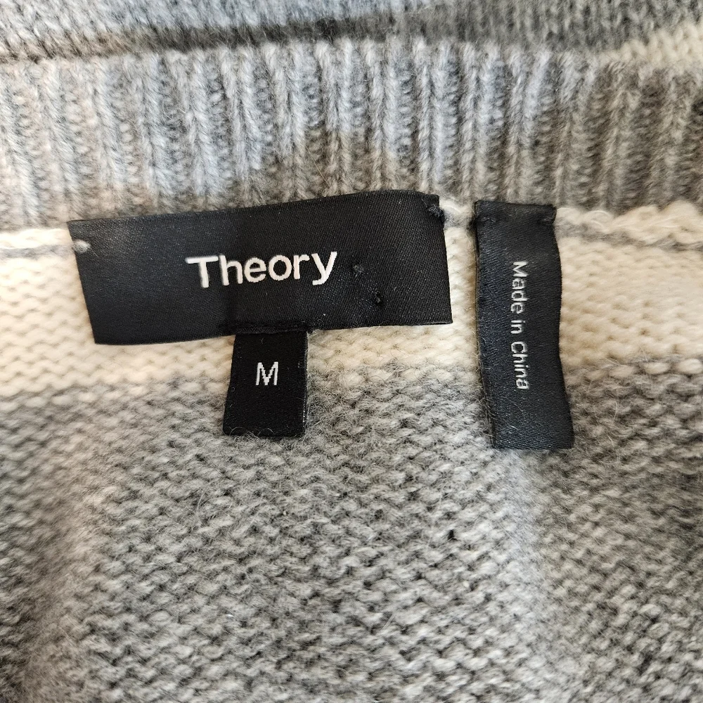 Theory Cashmere Sweater M Karenia Oversized Striped Crewneck Gray Cream High Low